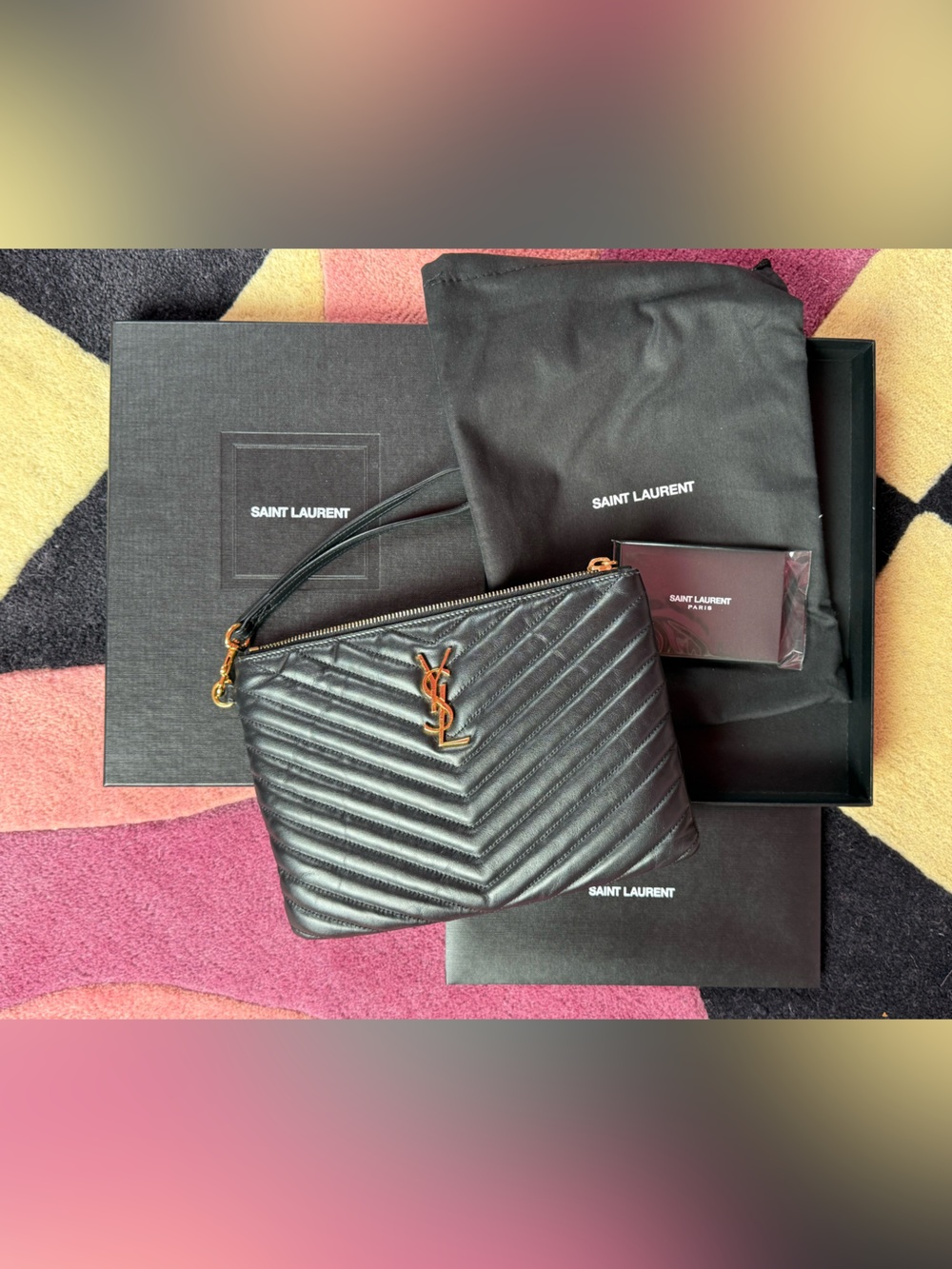 Saint Laurent YSL New Jolie Monogram Chevron Leather Wristlet Pouch Black Gold